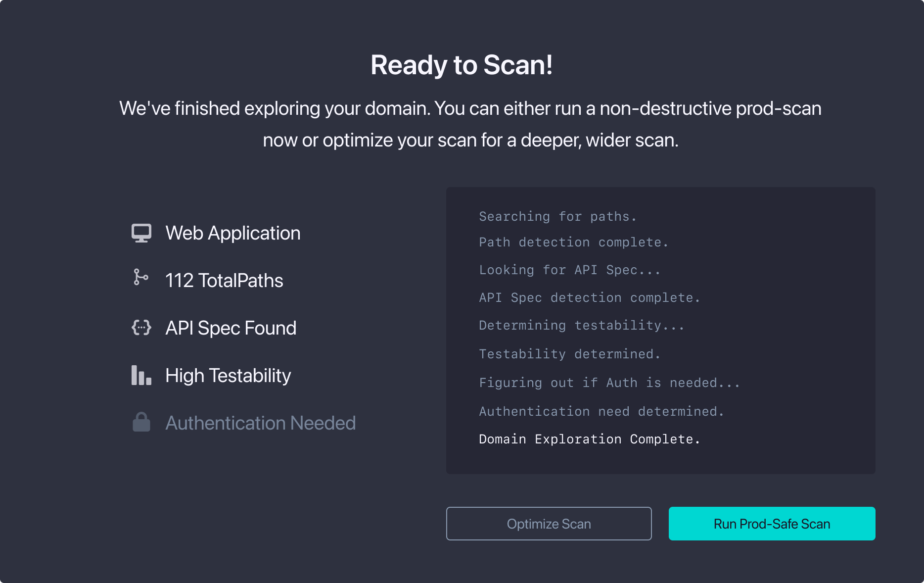 Profile scan results modal showing discovered app type, path count, API spec detection, and testability score